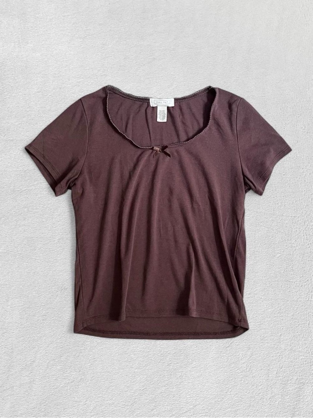 Full Tilt Tilly’s Brown Ribbon Bow Lace Short-Sleeve Crop-Top, Girls Large